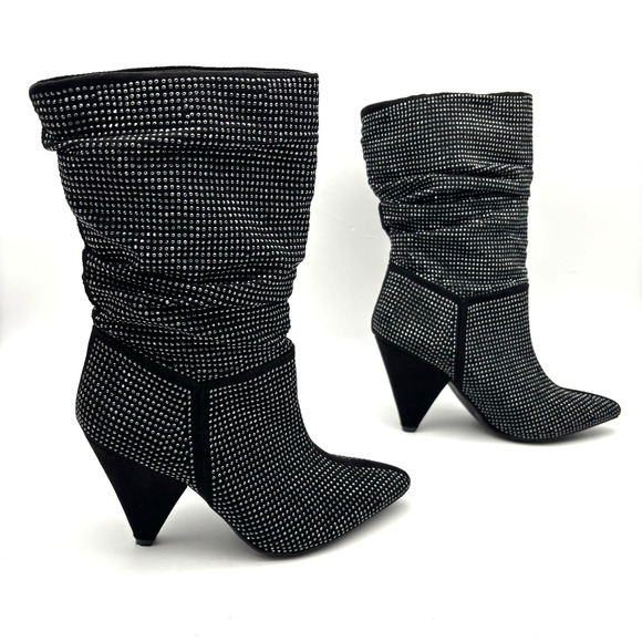 Vintage Y2K Report 'CASI' Black Faux Suede Rhinestone Block Heel Slouchy Boots 6 - Picture 5 of 15